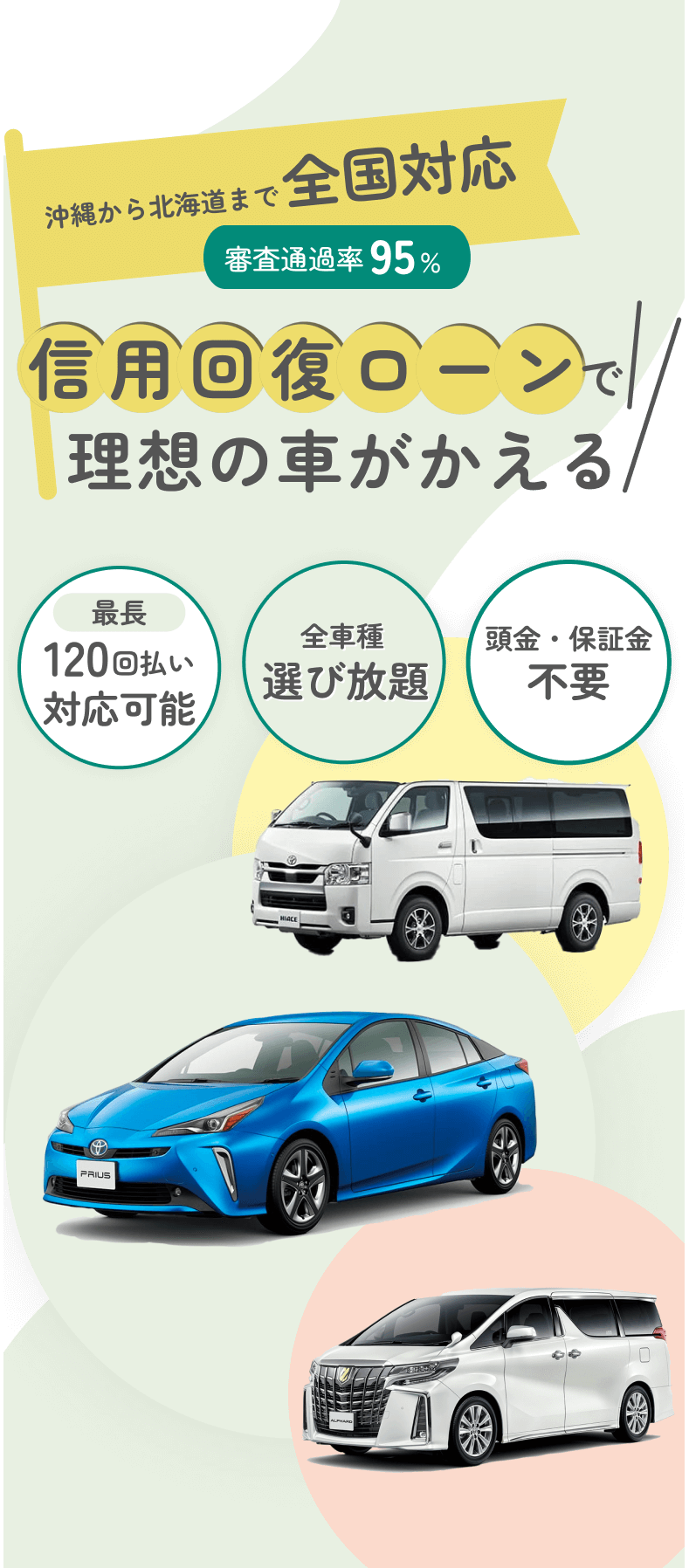 沖縄から北海道まで全国対応 審査通過率95% 信用回復ローンで理想の車がかえる 最長120回払い対応可能 全車種選び放題 頭金・補償金不要